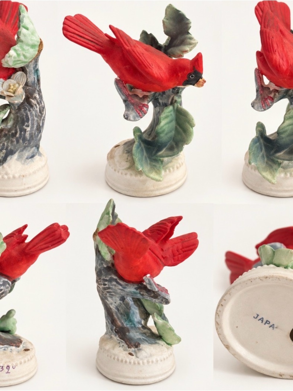 Red Porcelain Cardinal Figurine on Leafy Base - Japan Marked